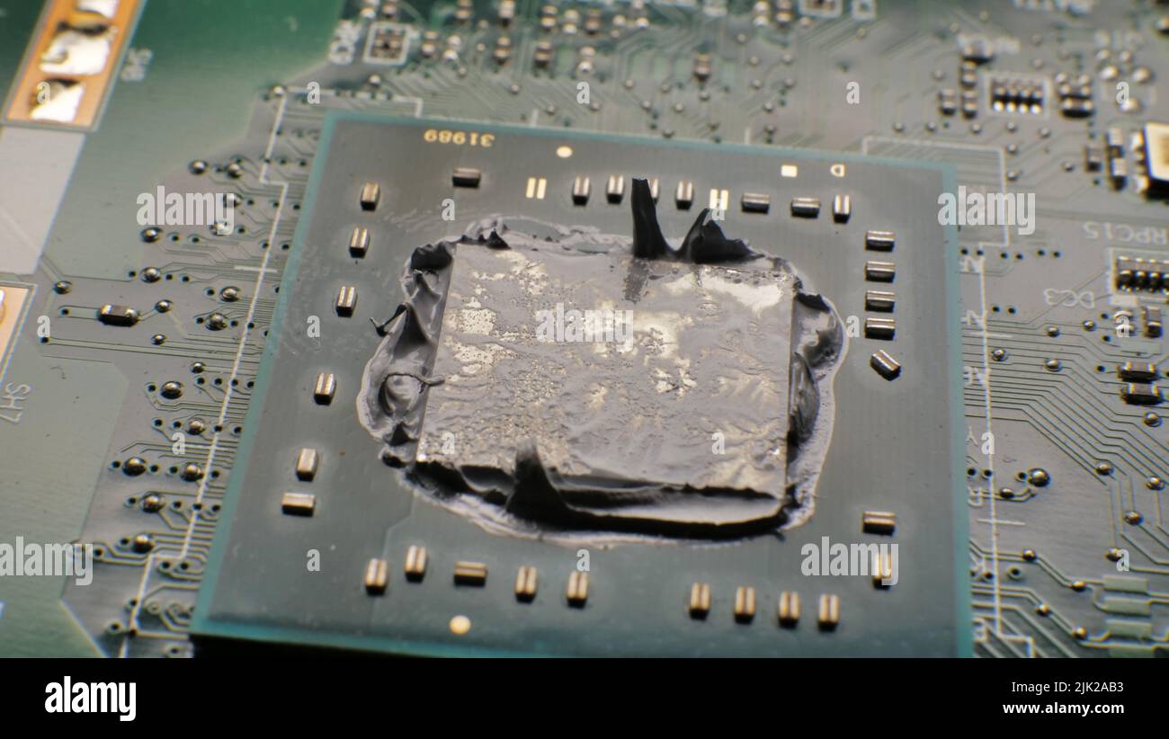 Electronic circuit board close up. Repairing computer, Macro Stock Photo