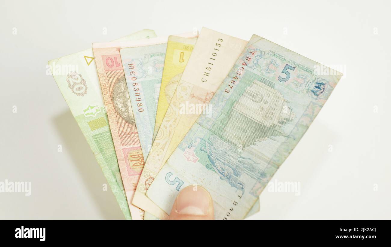 Ukrainian money background, on a white background Stock Photo