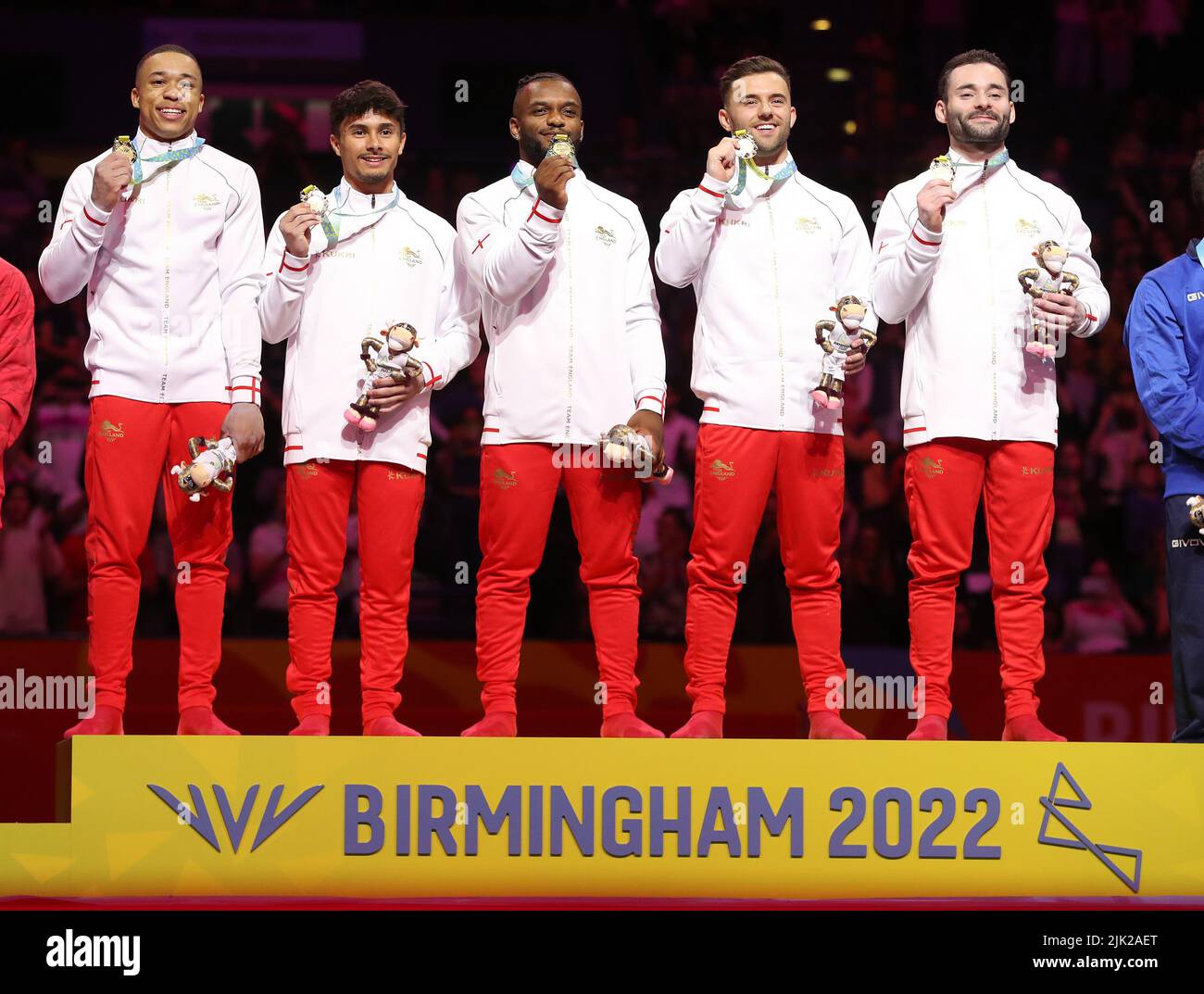 Birmingham, UK. 29th July 2022. The English team celebrate after winning Gold in the Gymnastics Mens team final during Day One of the Commonwealth Games, Birmingham. Credit: Paul Terry Photo/Alamy Live News Stock Photo