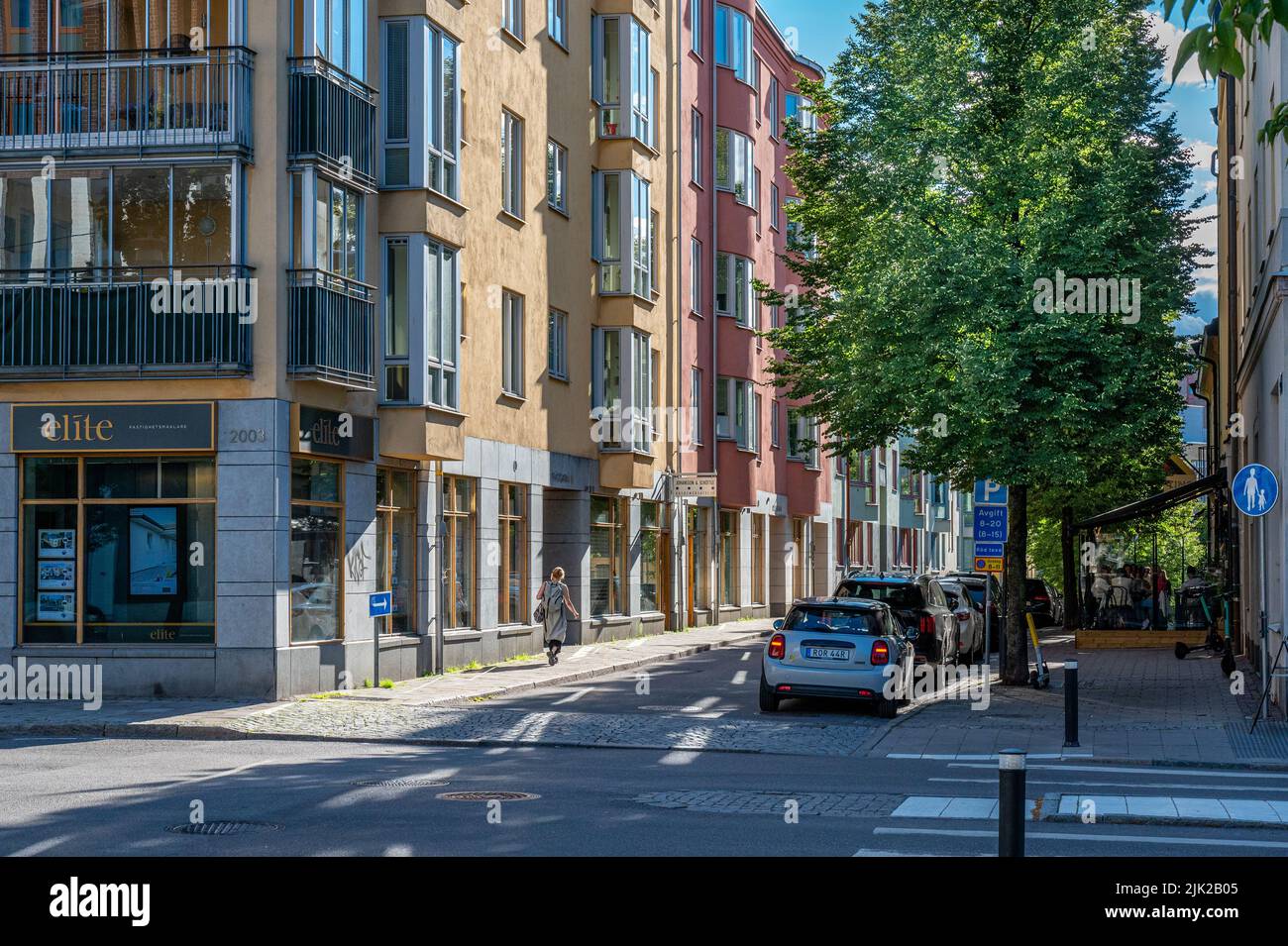Residential street Prastgatan in the centre of Norrkoping during summer. Norrkoping is a historic industrial town in Sweden. Stock Photo