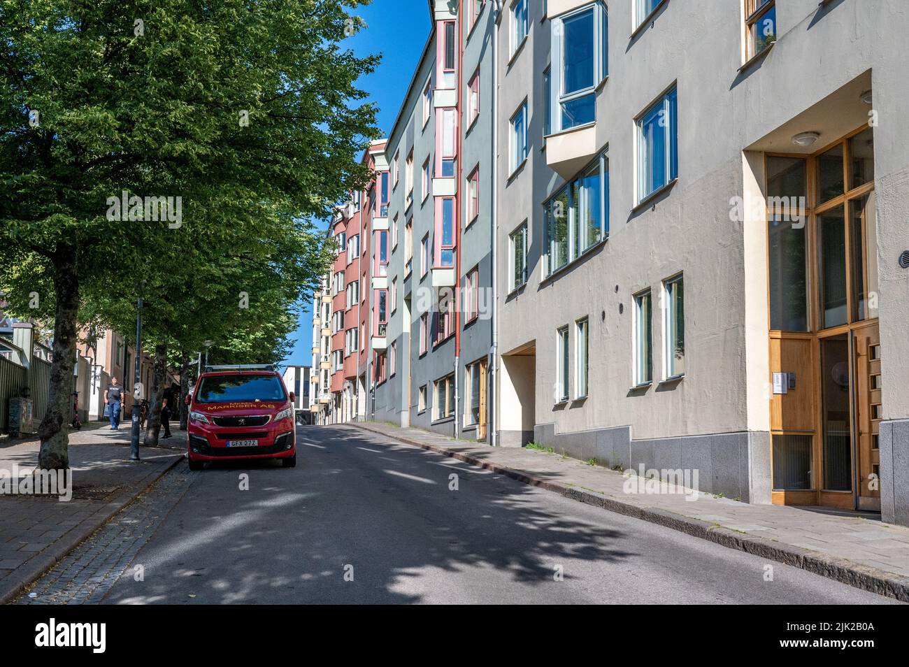 Residential street Prastgatan in the centre of Norrkoping during summer