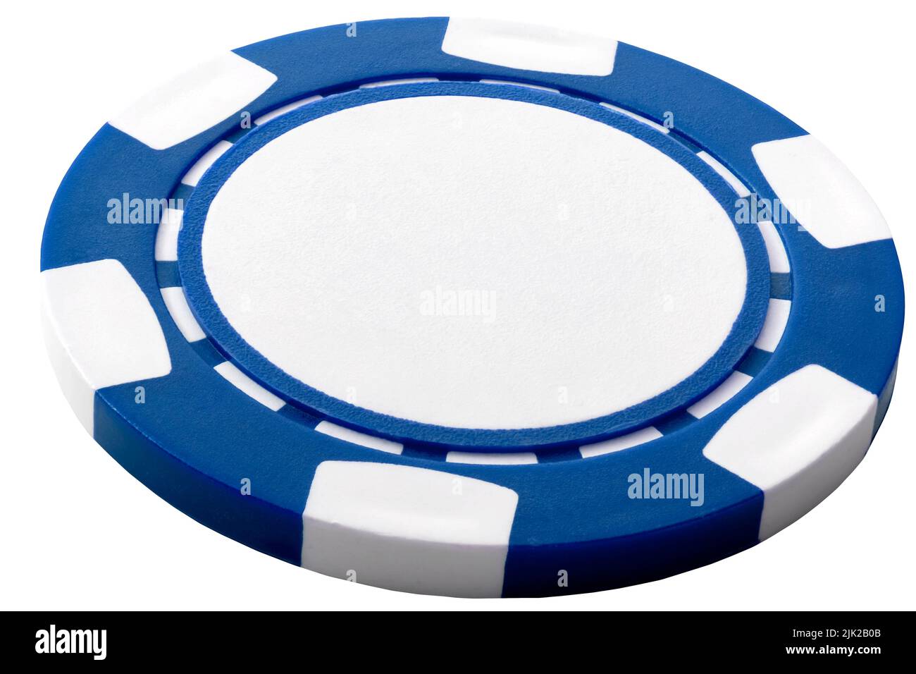 Blank blue generic casino chip isolated on white background with clipping path cutout and copy space concept for gambling, winning bet and risky gambl Stock Photo