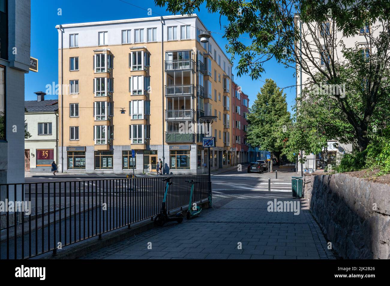 Residential street Prastgatan in the centre of Norrkoping during summer