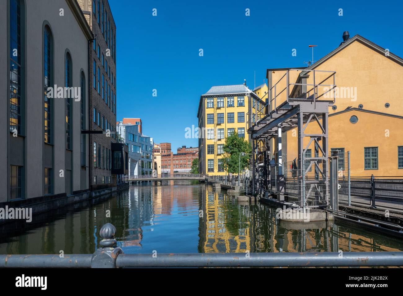 The old industrial landscape in Norrkoping. Norrkoping is a historic industrial town in Sweden. Stock Photo