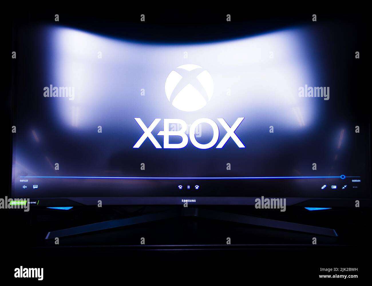 Samsung gaming curved monitor demonstrates logo the Xbox Game pass Stock Photo