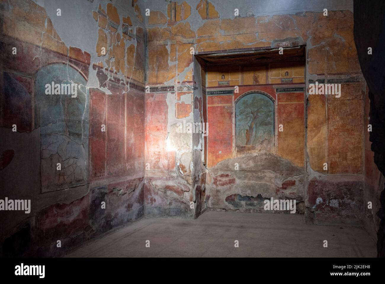 OPLONTIS, ITALY - MAY 03, 2022 - Scenic frescos on the wall of famous Villa Oplontis, ancient Roman villa and world heritage sight, Southern Italy Stock Photo