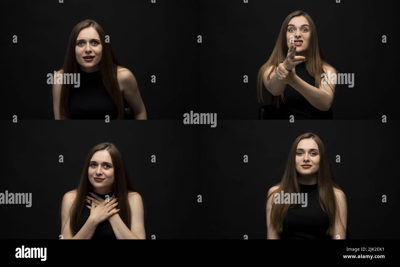 Set of young girl posing with many different facial expressions in a black room. Collage with emotions. Stock Photo