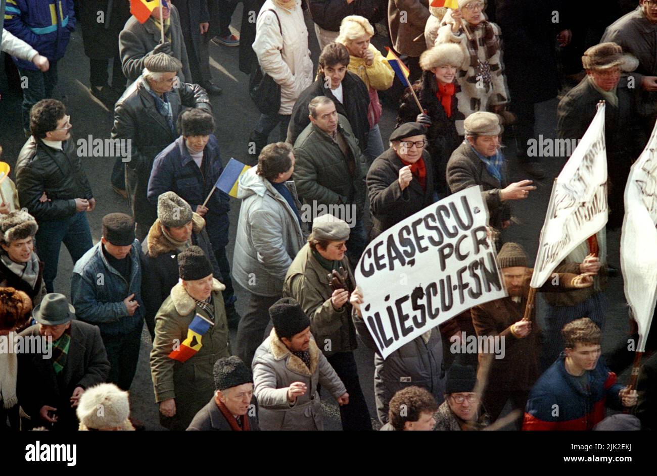 Bucharest, Romania, January 28, 1990. A month after the anti-communist revolution, supporters of the historical (right-wing) parties march against the new political system in place,  composed mainly of former communist officials. Stock Photo
