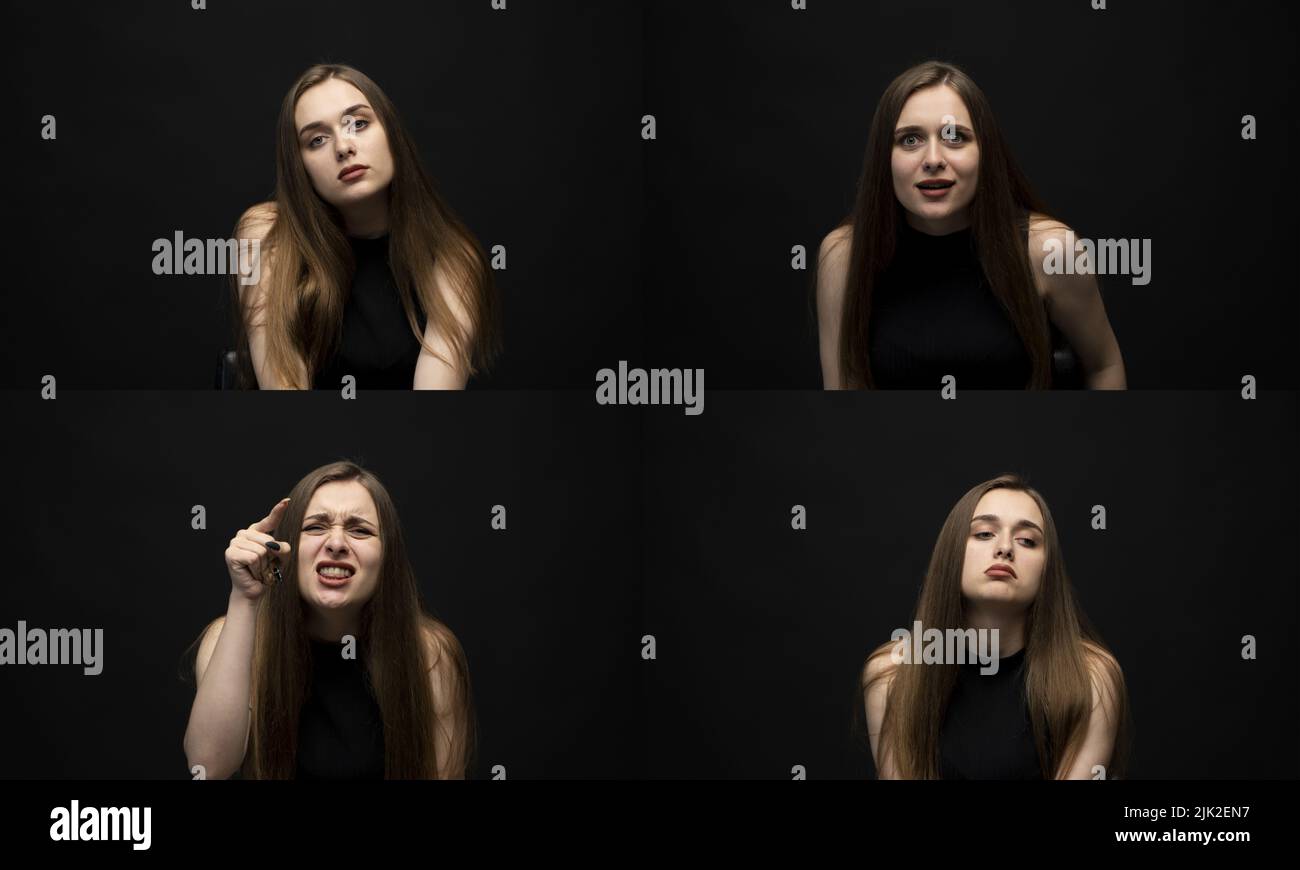 Set of different emotions. Collage with four different emotions in one young brunette woman in black t-shirt on black background. Stock Photo