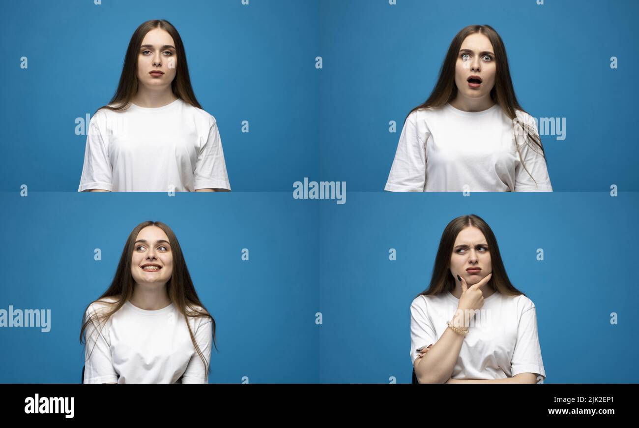 Set of young girl posing with many different facial expressions on a blue background. Collage with emotions. Stock Photo