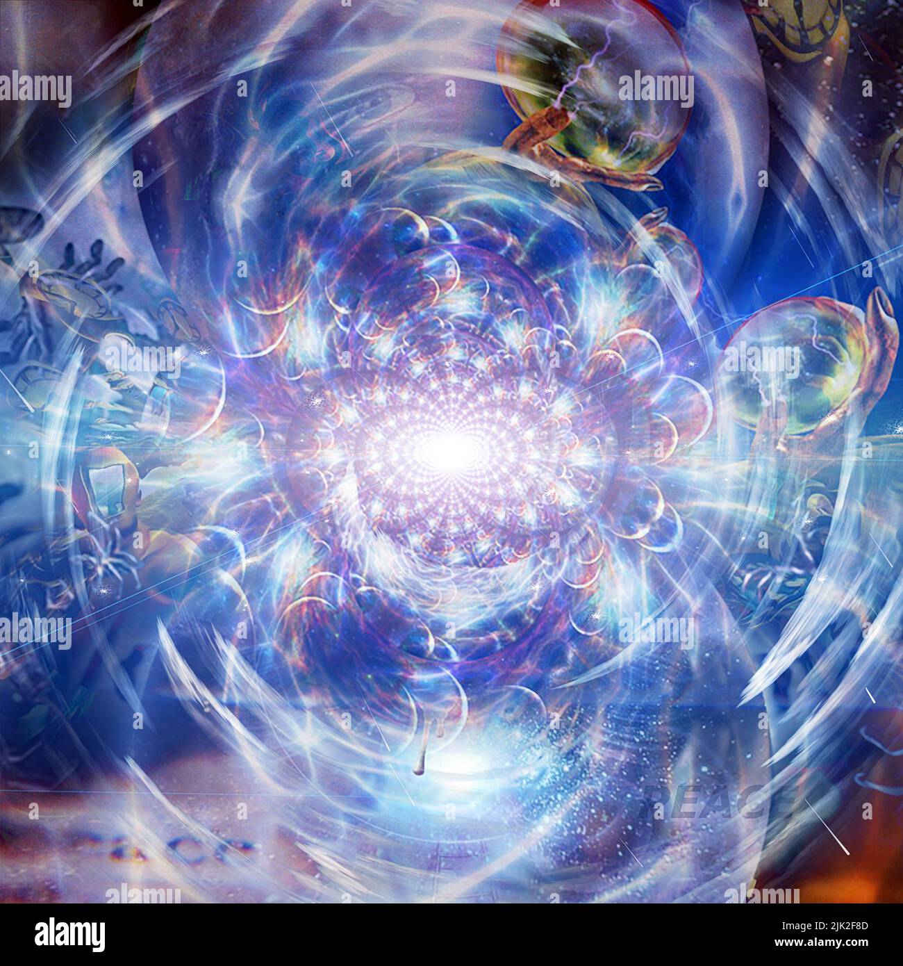 Multiverse fractal. Universes inside glass spheres. Time spirals. 3D rendering Stock Photo