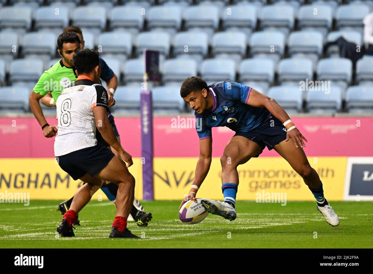 Jake Henry of Scotland scores a try against Malaysia during the Rugby Sevens at the Commonwealth Games at Coventry Stadium on Friday 29th July 2022