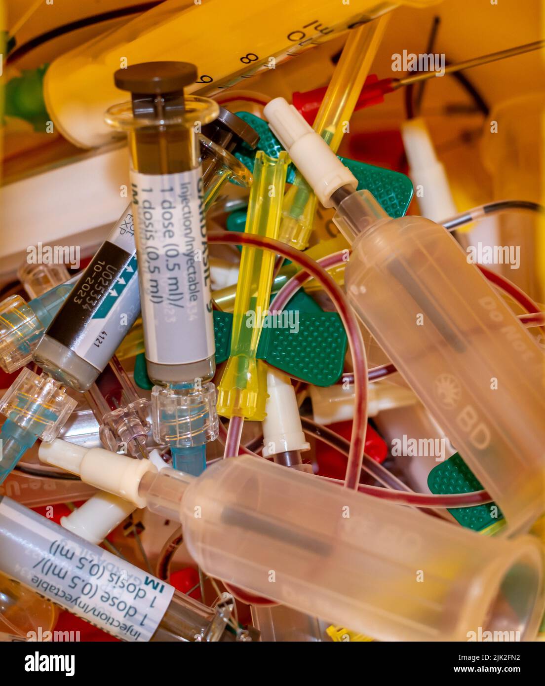 Interior of a yellow Container for hazardous hospital biological waste ...