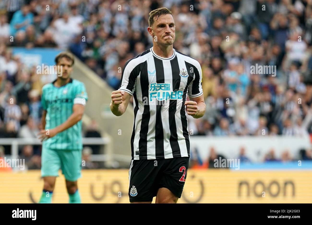 Newcastle's Chris Wood celebrates scoring their side's first goal of the game from the penalty spot during a pre-season friendly match at St. James' Park, Newcastle. Picture date: Friday July 29, 2022. Stock Photo