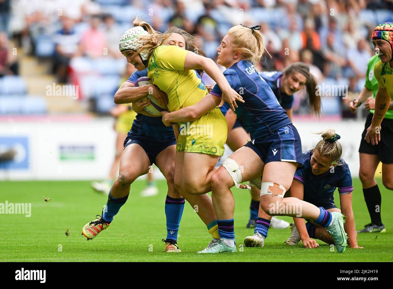 Faith Nathan of Australia scores a try during the Rugby Sevens at the Commonwealth Games at