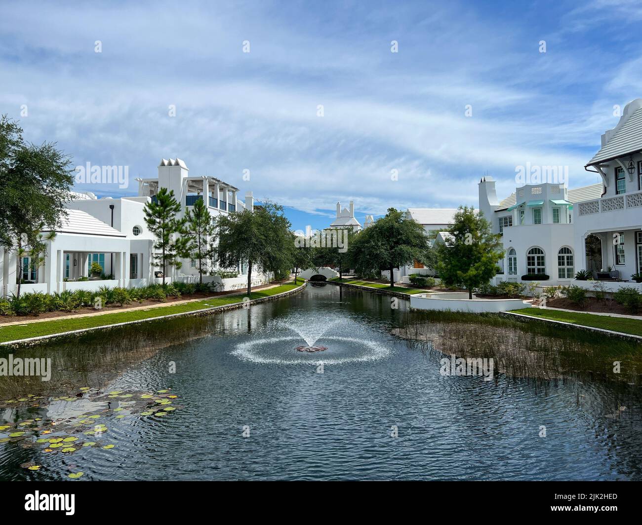 Alys Beach, FL USA - July 26, 2022: A walking path with water feature