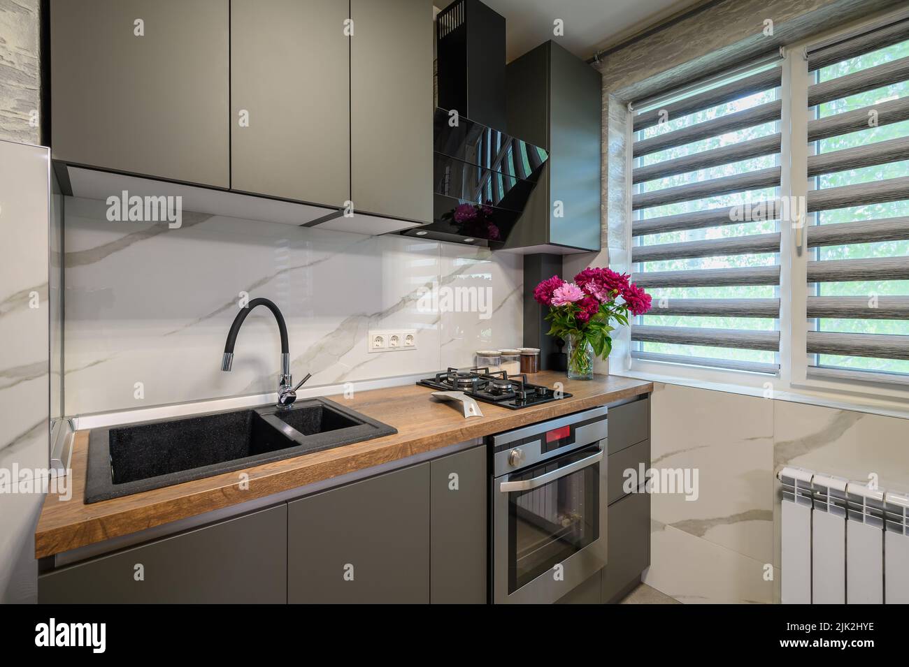 Interior of modern trendy grey kitchen Stock Photo - Alamy