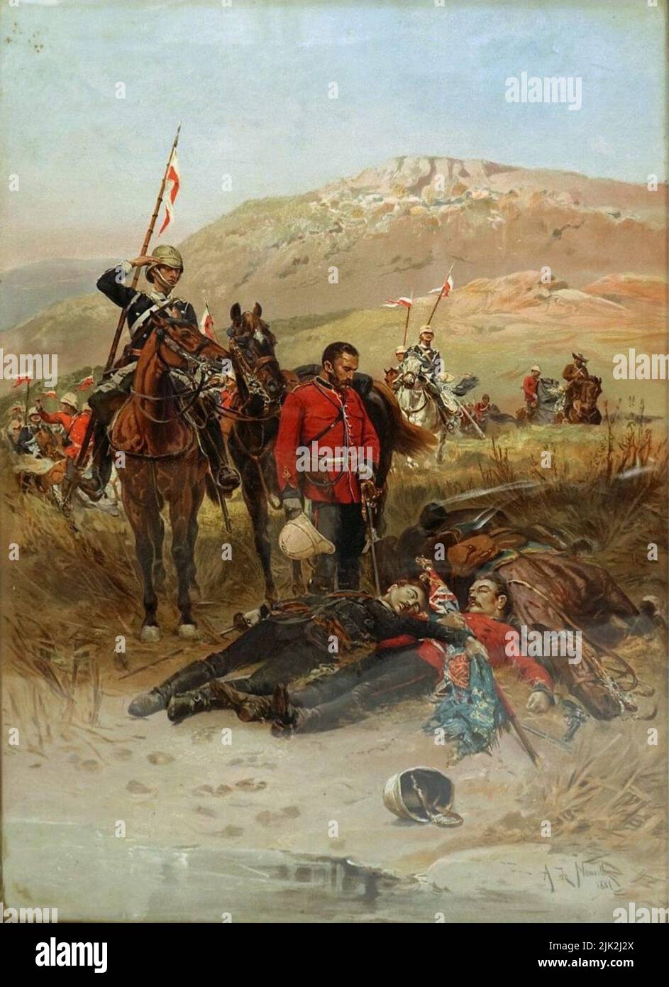 The Last Sleep of the Brave, by Alphonse de Neuville. Lieutenant Teignmouth Melvill and Lieutenant Nevill Josiah Aylmer Coghill  were both killed attempting to save the Queen's Colour of the 1st Battalion at the Battle of Isandlwana on 22 January 1879. Stock Photo
