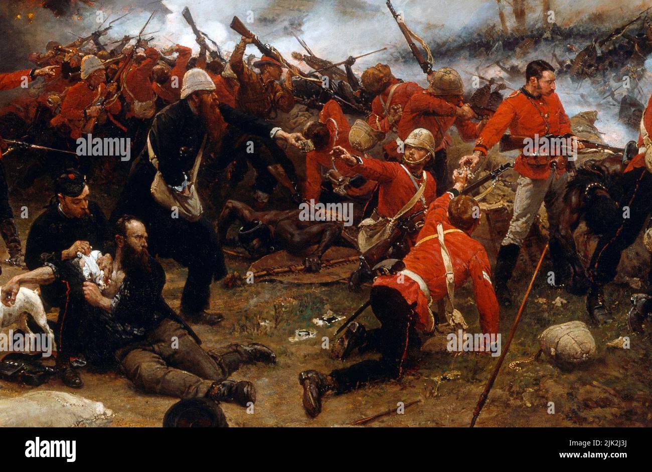 Detail from The Battle of Rorke's Drift painted by Alphonse de Neuville. It shows  Lieutenant John Chard (to the right at the barrier in pale breeches with rifle), Corporal William Allen (handing cartridges to Chard) and Chaplain George Smith (bearded man handing out cartridges from a haversack) Stock Photo