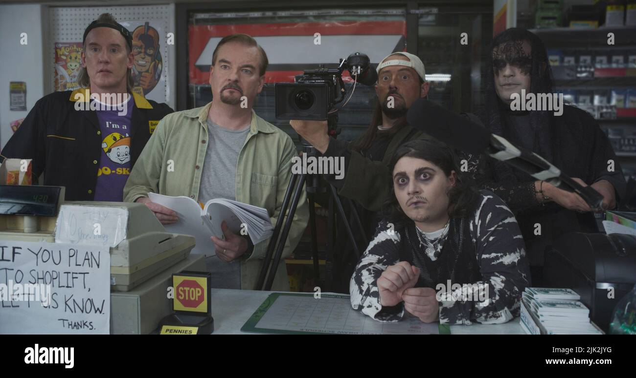 RELEASE DATE: September 13, 2022. TITLE: Clerks III. STUDIO: Lionsgate. DIRECTOR: Kevin Smith. PLOT: Dante, Elias, and Jay and Silent Bob are enlisted by Randal after a heart attack to make a movie about the convenience store that started it all. STARRING: Jeff Anderson as Randal, Brian O'Halloran as Dante, Kevin Smith as Silent Bob, Austin Zajur as Blockchain Coltrane and Trevor Febrman as Elias. (Credit Image: © Lionsgate/Entertainment Pictures) Stock Photo
