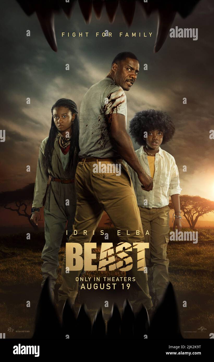 RELEASE DATE: August 19, 2022. TITLE: Beast. STUDIO: Universal Pictures. DIRECTOR: Baltasar Kormakur. PLOT: A father and his two teenage daughters find themselves hunted by a massive rogue lion intent on proving that the Savanna has but one apex predator. STARRING: IDRIS ELBA as Dr. Nate Samuels. (Credit Image: © Universal Pictures/Entertainment Pictures) Stock Photo