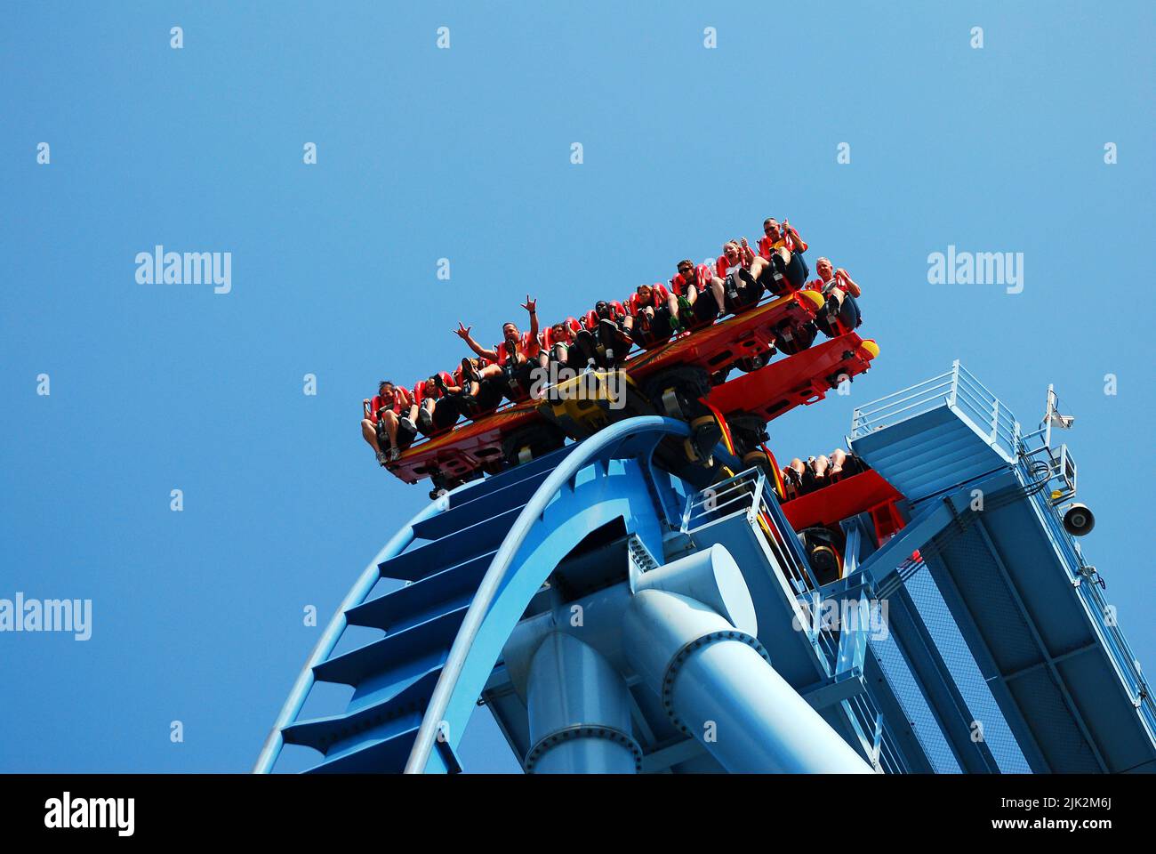 Thrill riders hang over the precipice of a roller coaster called the Griffon in Busch Gardens in Williamsburg, Virginia Stock Photo