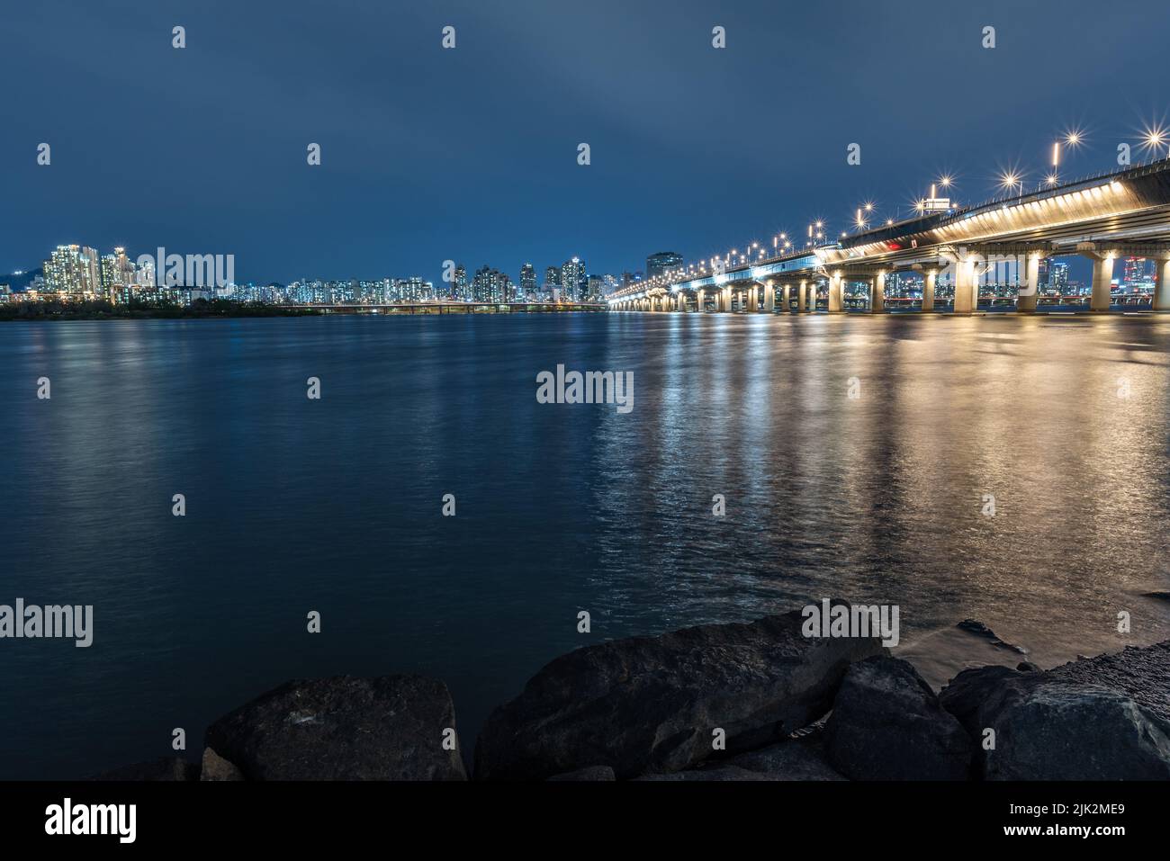 Han river and Seoul cityscape night view in South Korea on 15 April 2022 Stock Photo