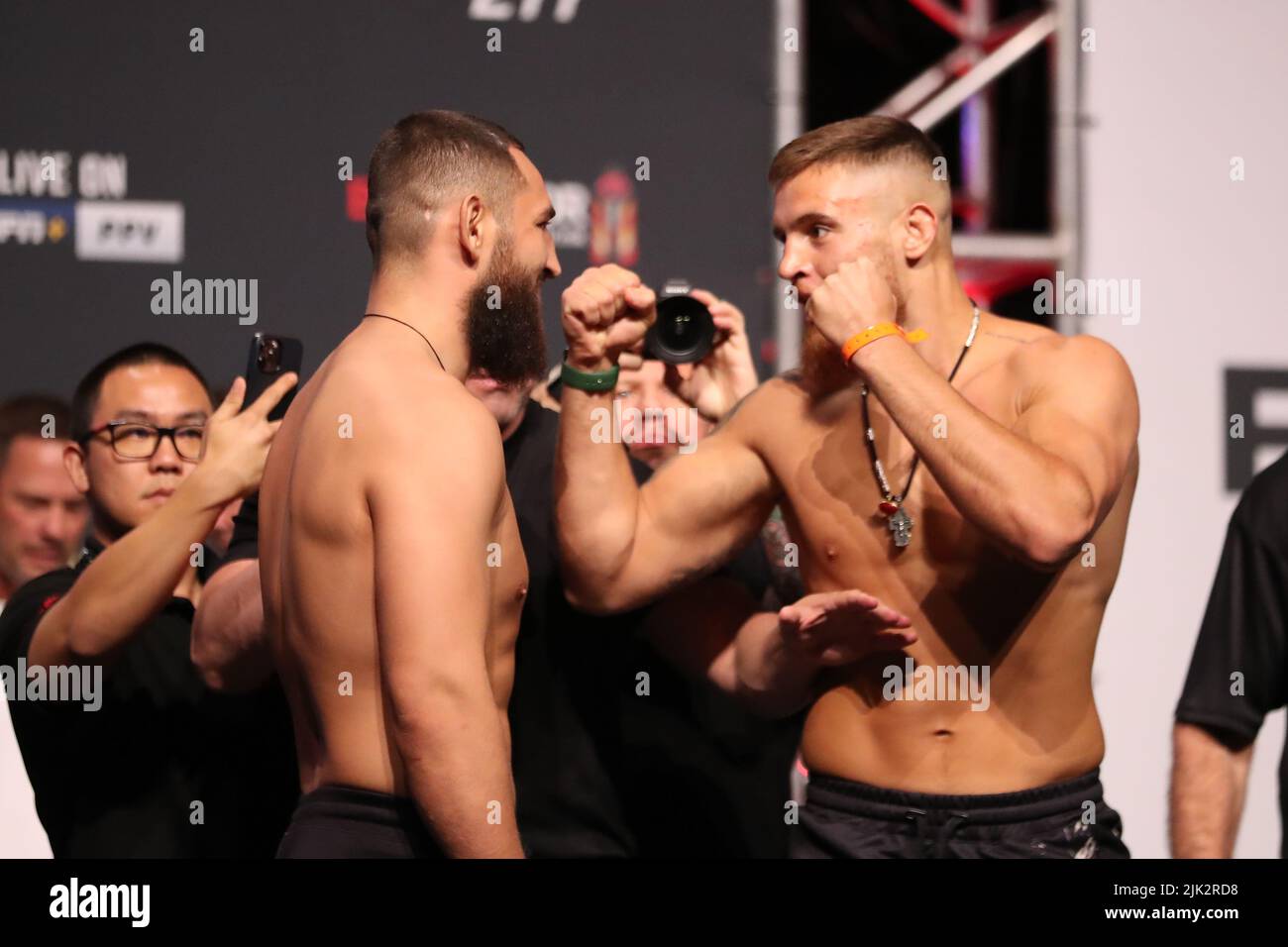 Dallas, USA. 29th July, 2022. DALLAS, TX - JULY 29: (L-R) Nicolae Negumereanu and Ihor Potieria face-off in front of the fans at American Airlines Center for UFC 277: Peña v Nunes 2 on July 29, 2022 in Dallas, Texas, United States. (Photo by Alejandro Salazar/PxImages) Credit: Px Images/Alamy Live News Stock Photo