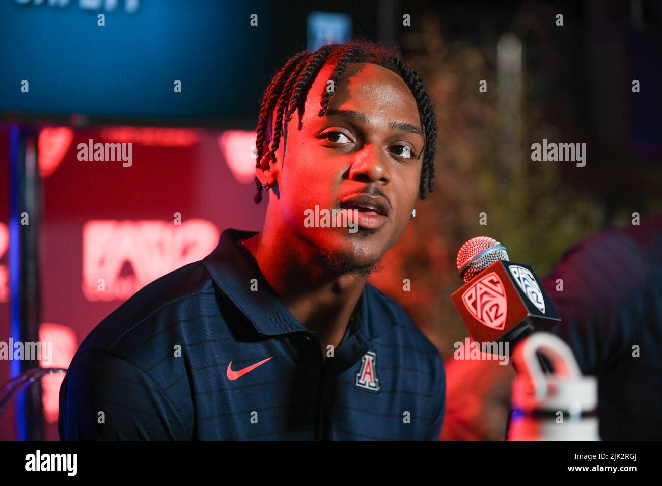 Arizona Wildcats wide receiver Jacob Cowing speaks during PAC-12 Media Day  on Friday, Jul 29, 2022 in Los Angeles. (Dylan Stewart/Image of Sport Stock  Photo - Alamy