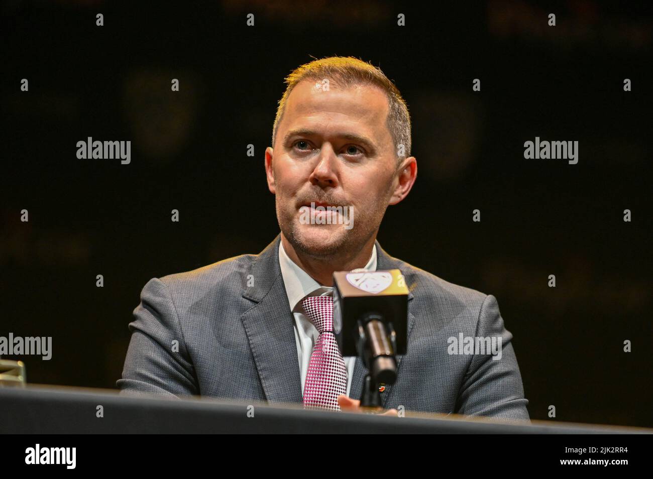 USC Trojans head coach Lincoln Riley speaks during PAC12 Media Day on