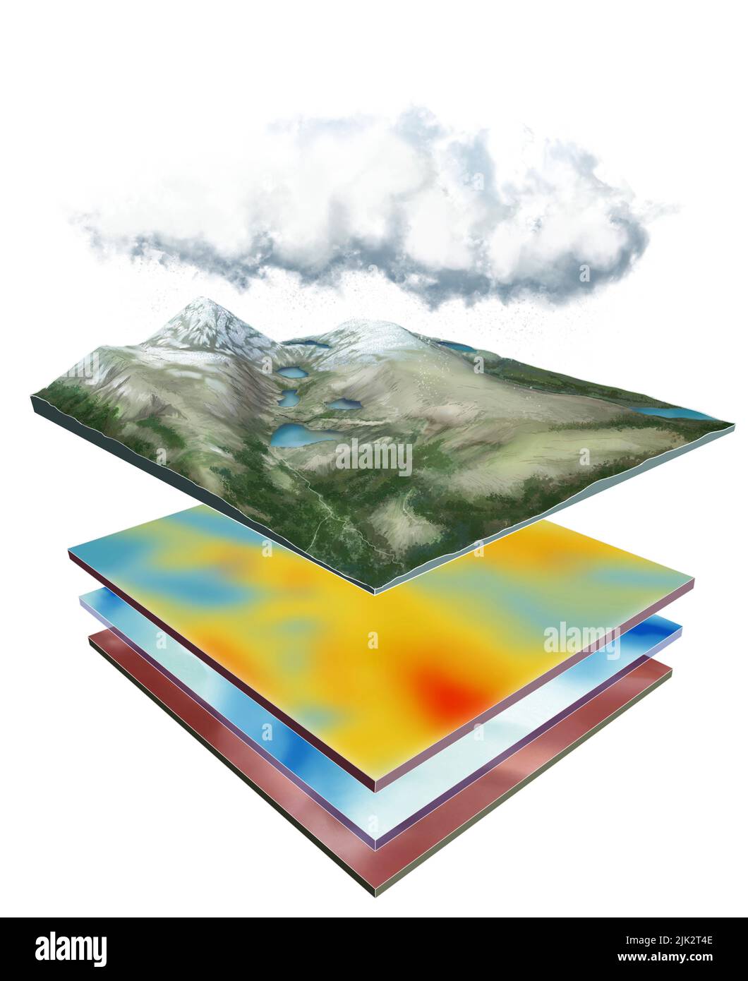 Illustration shwoing a section of Nitwot Ridge in Colorado, USA over a heat map, water map and soil map. Stock Photo