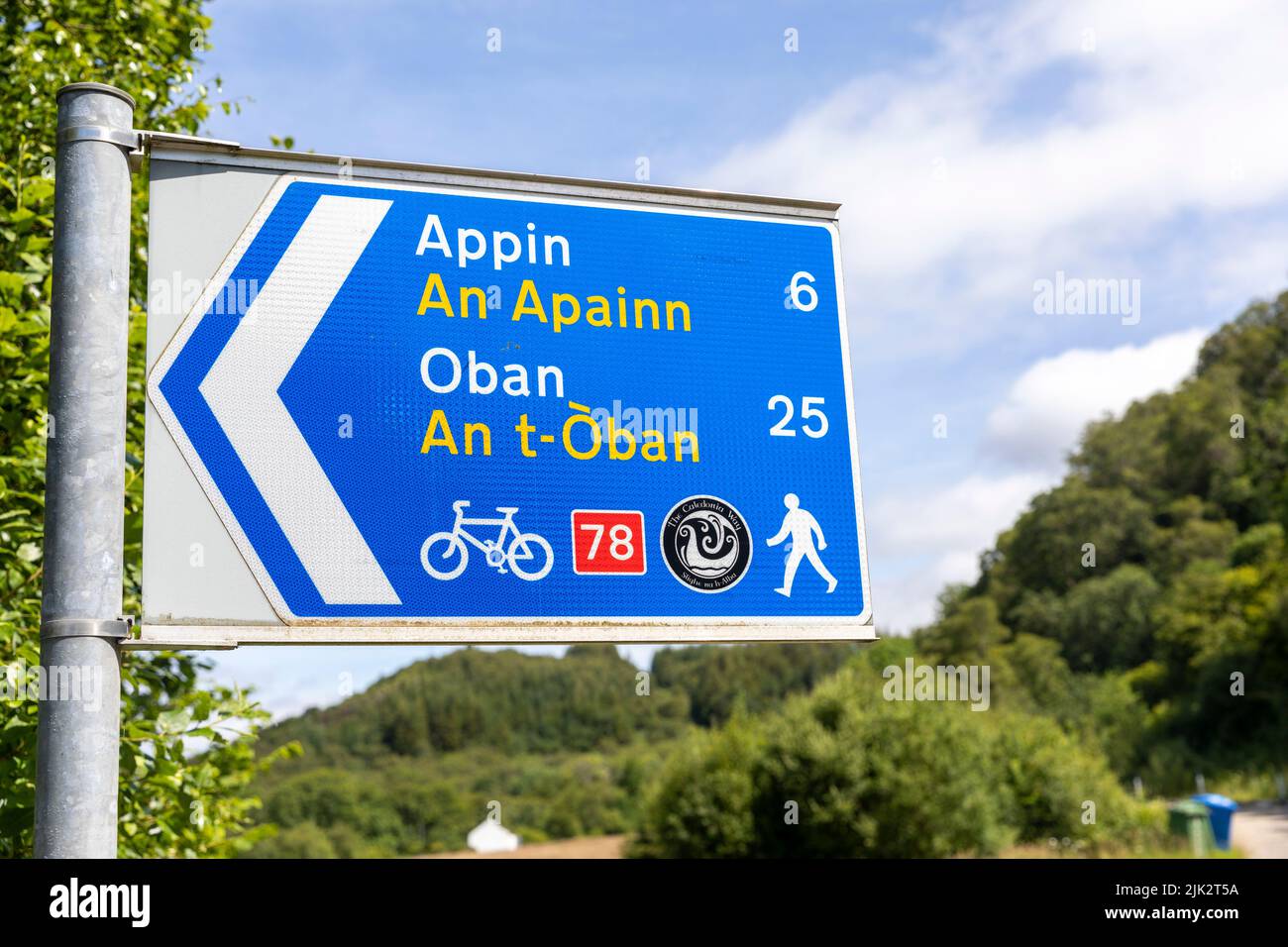 National cycle route 78, Caledonia way, with directions to Oban and Appin,Scottish highlands,Scotland,UK Stock Photo