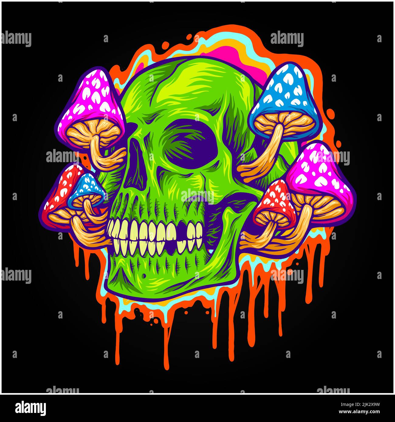 Psychedelic head skull with mushrooms vector illustrations for your work logo, merchandise t-shirt, stickers and label designs, poster, greeting cards Stock Photo