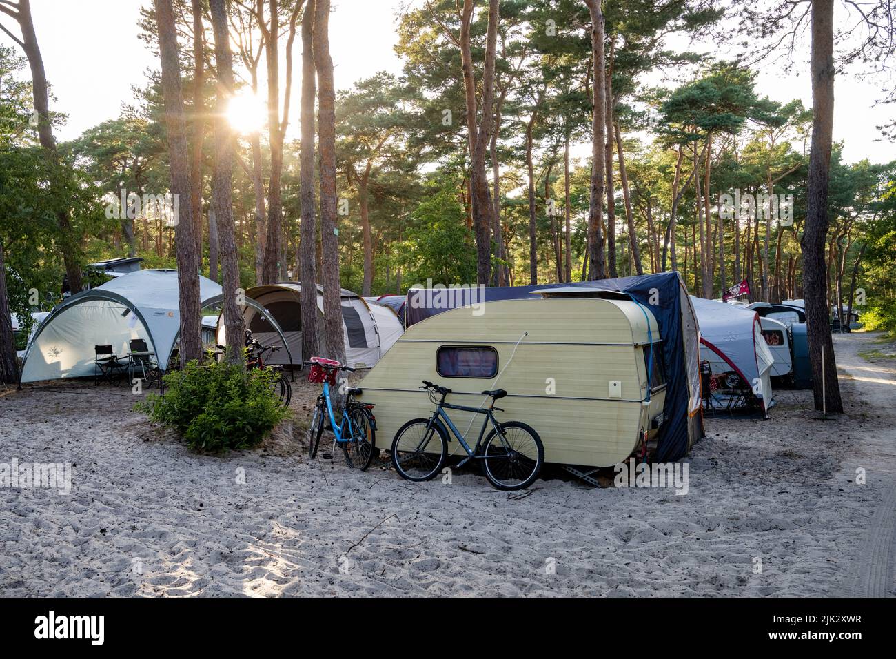 Karlshagen, Germany. 29th July, 2022. On a caravan on the camping site  "Dnencamp" in Karlshagen on the island of Usedom is the writing "In the  past we also had to sleep in