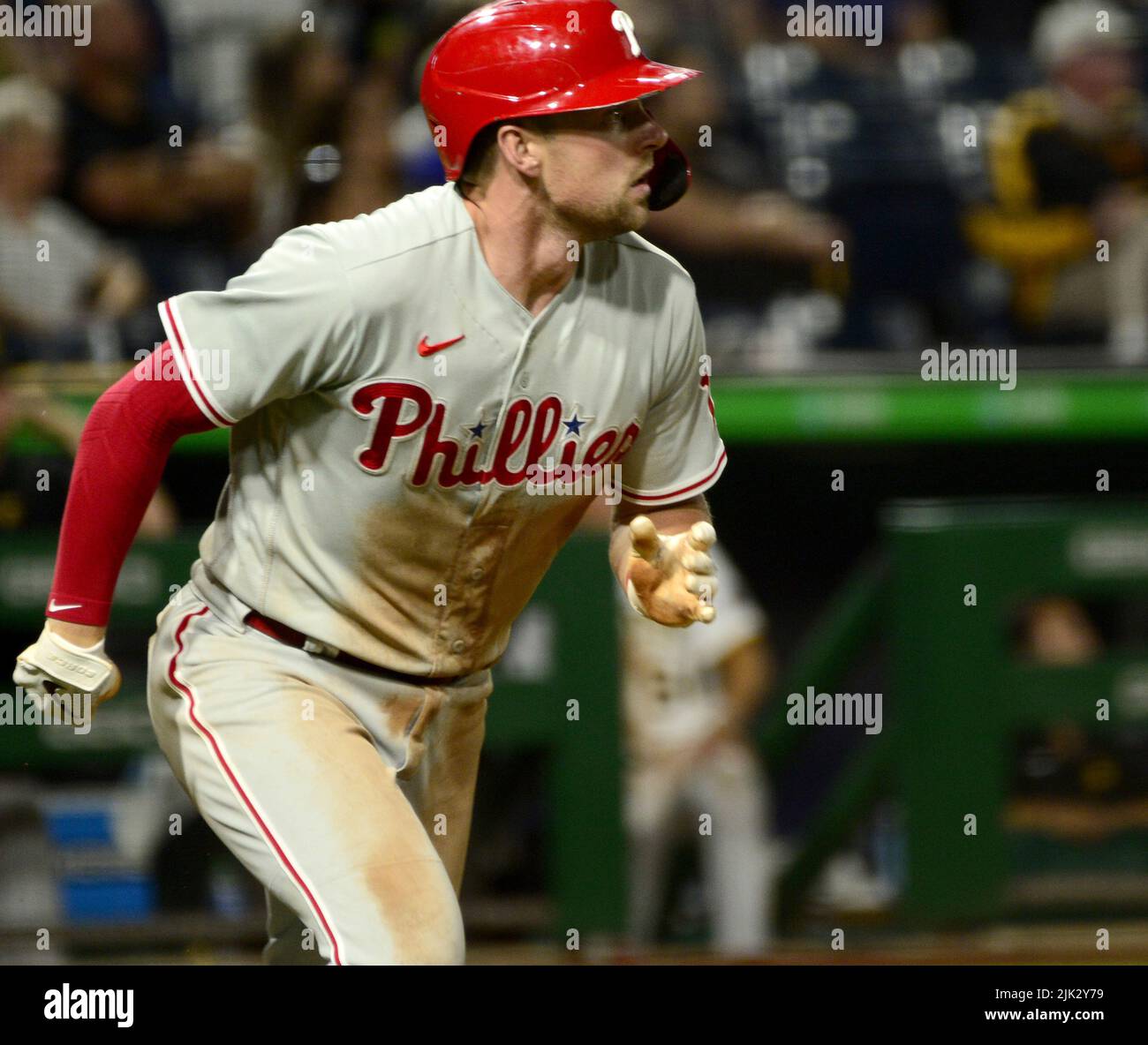 Pittsburgh, United States. 29th July, 2022. Philadelphia Phillies first  baseman Rhys Hoskins (17) hits homer in the tenth inning giving the  Phillies the 4-2 win against the Pittsburgh Pirates at PNC Park