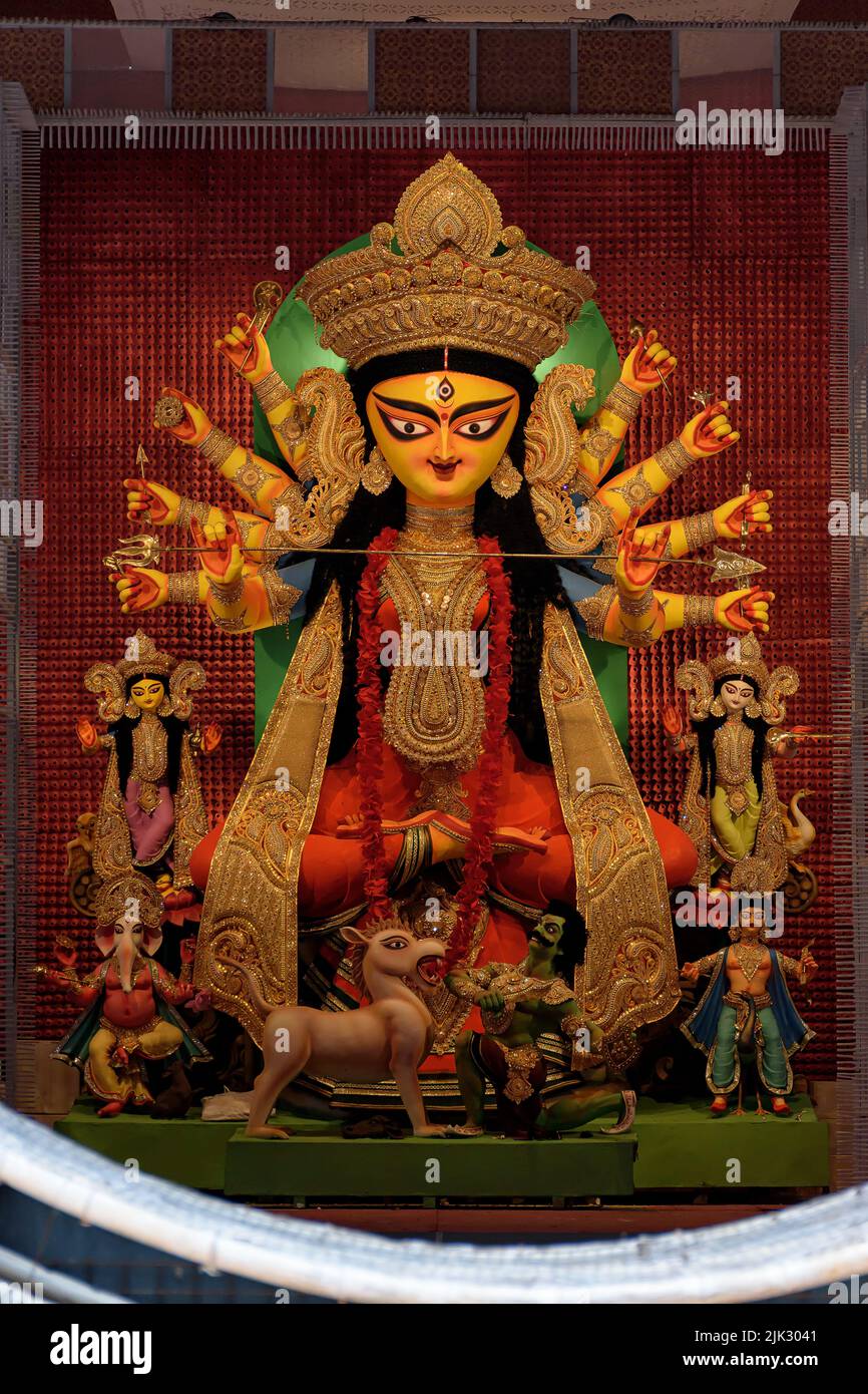 Goddess Durga devi idol decorated at puja pandal in Kolkata, West ...