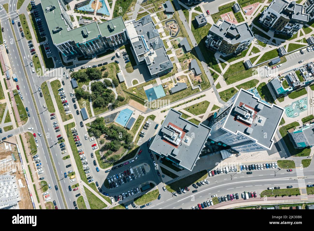 aerial top view of residential buildings with children playgrounds in courtyard Stock Photo