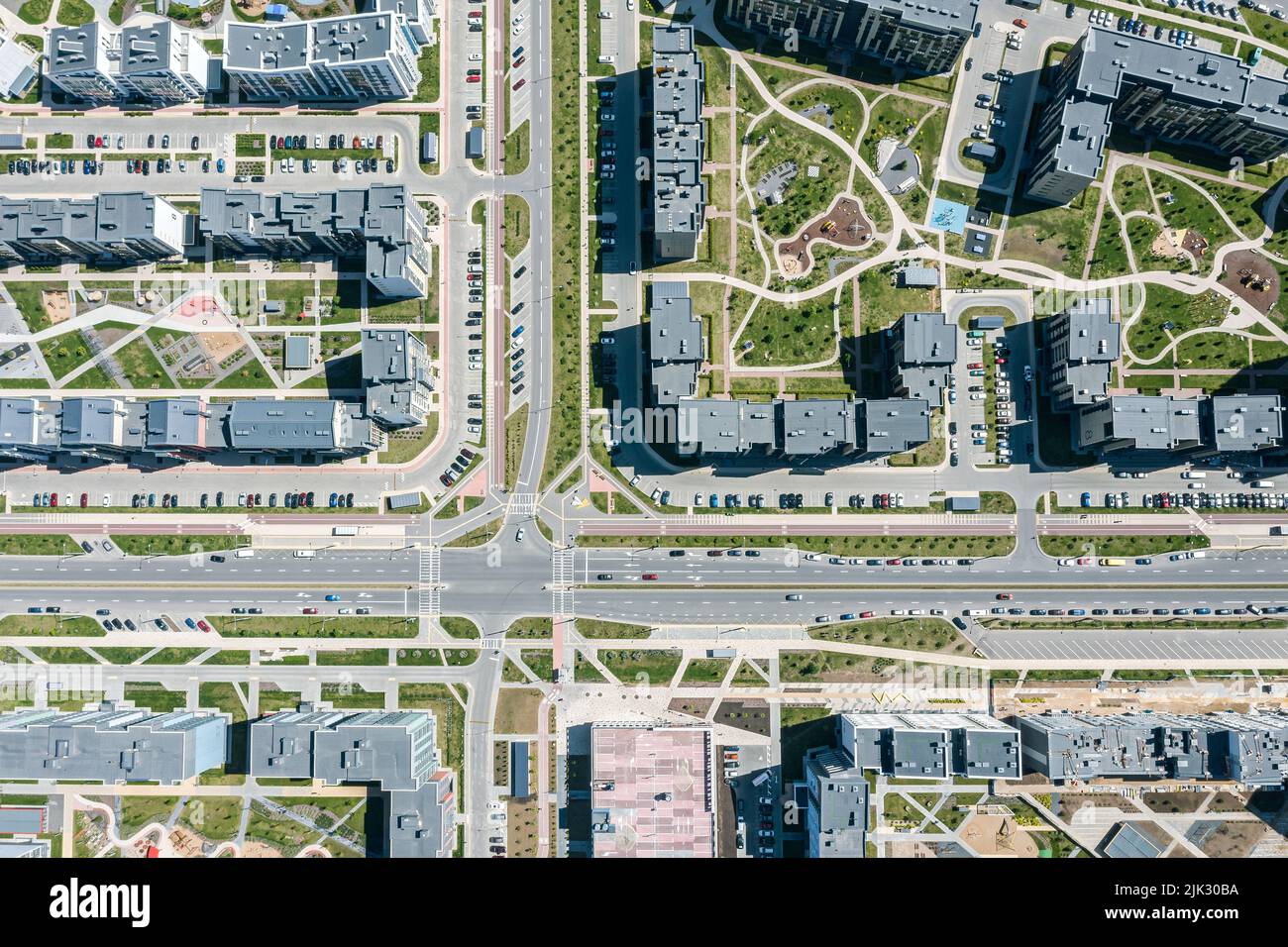 top down aerial view of houses and streets in modern residential neighbourhood in Minsk, Belarus Stock Photo