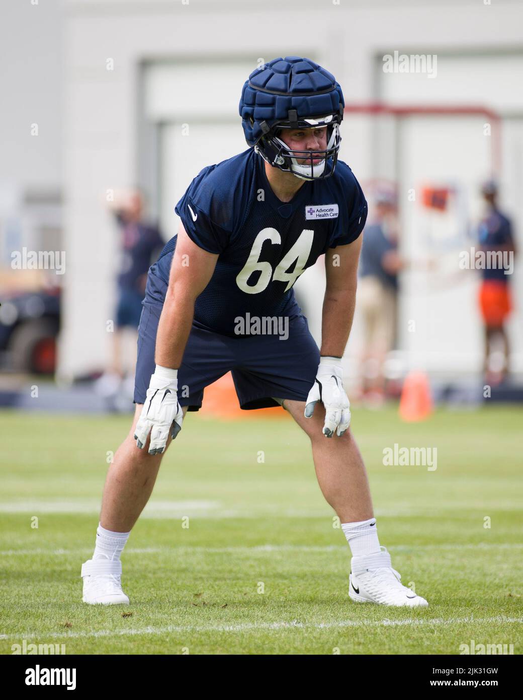 Lake Forest, Illinois, USA. 28th July, 2022. - Chicago Bears #64 Michael Schofield takes a break during training camp at Halas Hall in Lake Forest, IL. Credit: csm/Alamy Live News Stock Photo