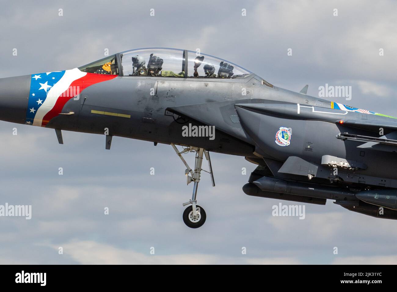 The USAF Heritage Jet from the 48th Fighter Wing at RAF Lakenheath comes in to land at RIAT 2022. Stock Photo
