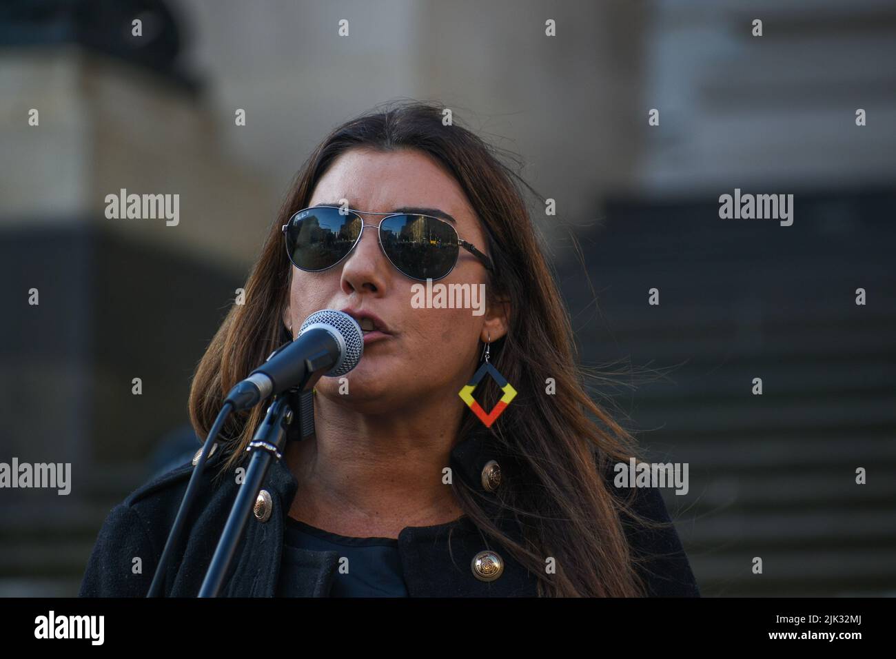 Melbourne, Australia, 30th July 2022. Greens senator Lidia Thorpe speaks at a rally against government inaction on climate change outside Parliament House. Credit: Jay Kogler/Alamy Live News Stock Photo