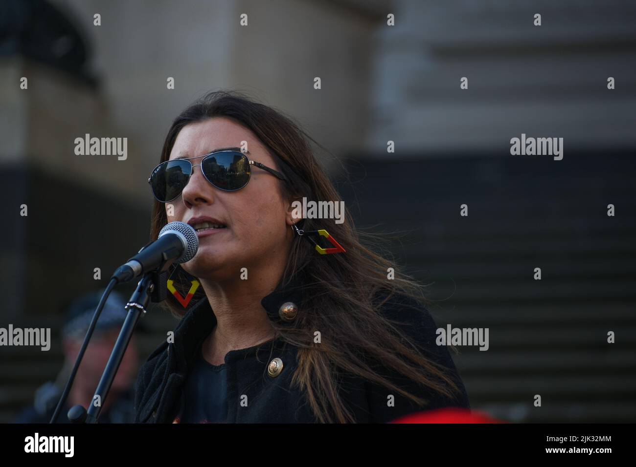 Melbourne, Australia, 30th July 2022. Greens senator Lidia Thorpe speaks at a rally against government inaction on climate change outside Parliament House. Credit: Jay Kogler/Alamy Live News Stock Photo