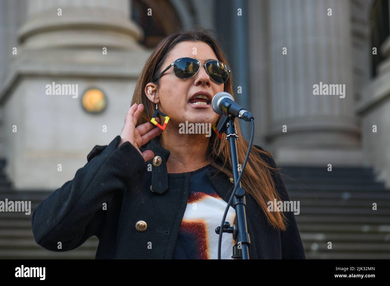 Melbourne, Australia, 30th July 2022. Greens senator Lidia Thorpe speaks at a rally against government inaction on climate change outside Parliament House. Credit: Jay Kogler/Alamy Live News Stock Photo