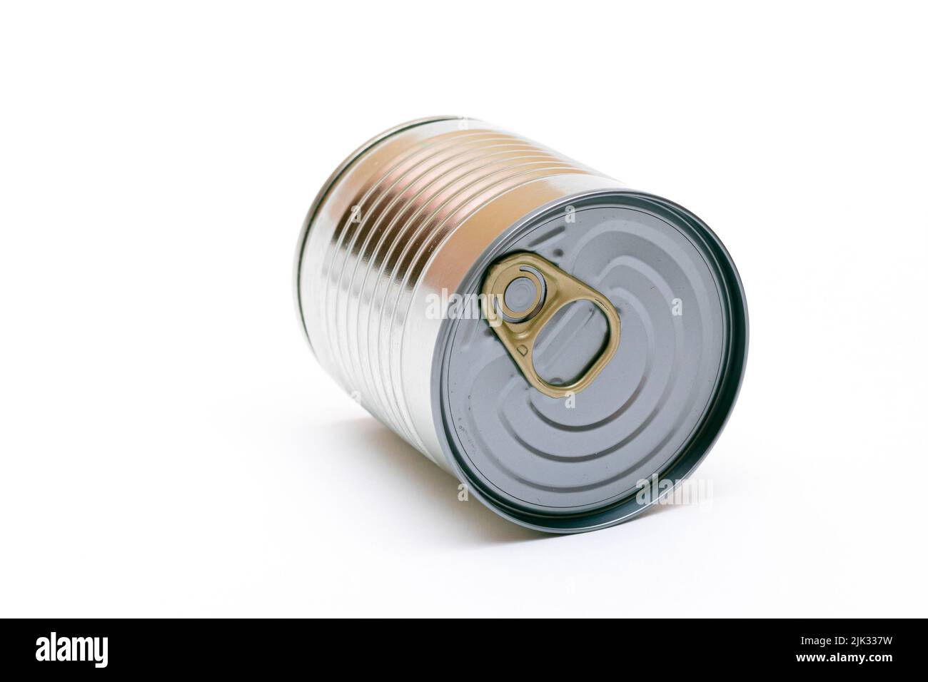 Unopened Tin Can with Blank Edge on White Background. Canned Food