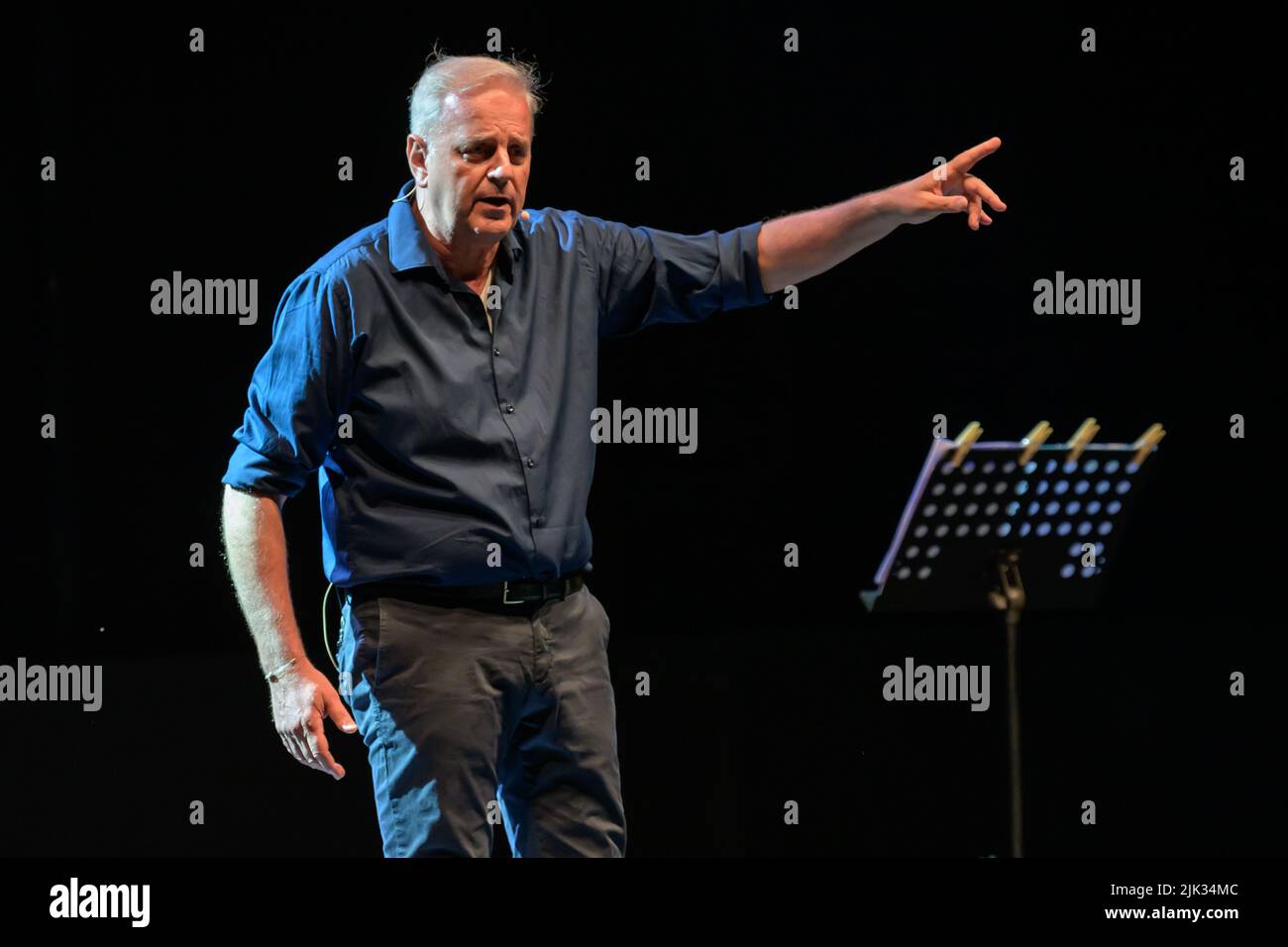 Camaiore, Italy. 29 July, 2022. Enrico Bertolino performs with his show on the stage of the Giorgio Gaber Festival in front of the Camaiore audience. Stefano Dalle Luche / Alamy Live News. Stock Photo