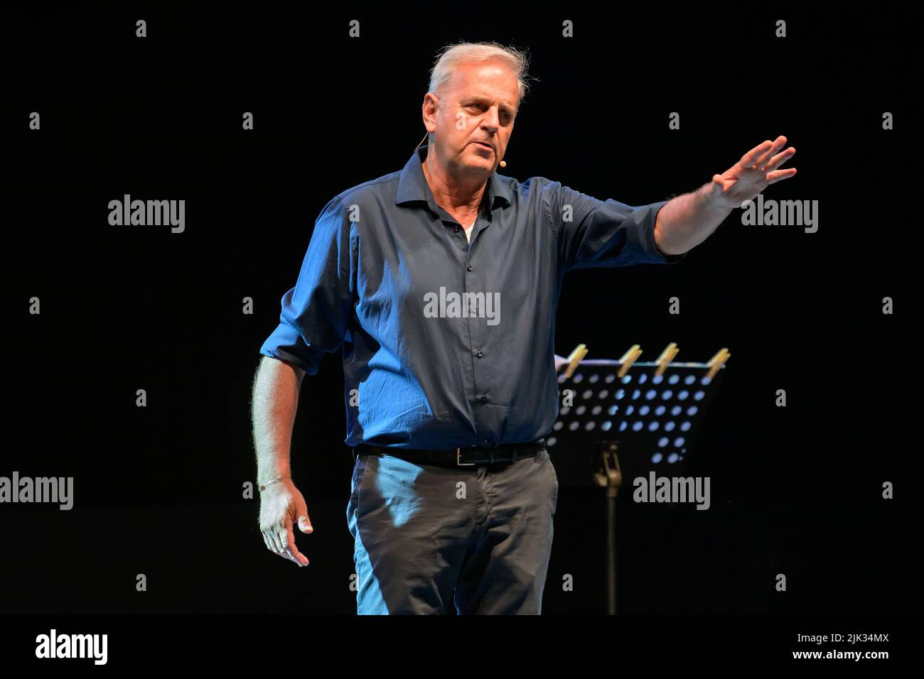 Camaiore, Italy. 29 July, 2022. Enrico Bertolino performs with his show on the stage of the Giorgio Gaber Festival in front of the Camaiore audience. Stefano Dalle Luche / Alamy Live News. Stock Photo