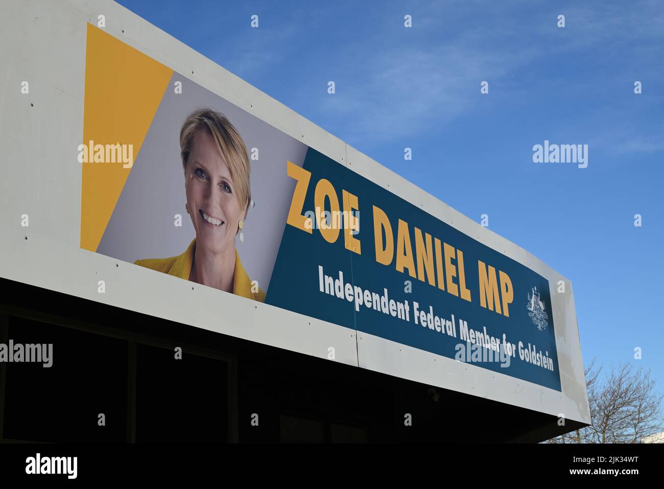 Prominent signage above Zoe Daniel MP's electorate office, in the division of Goldstein, featuring an image of the independent politician's face Stock Photo