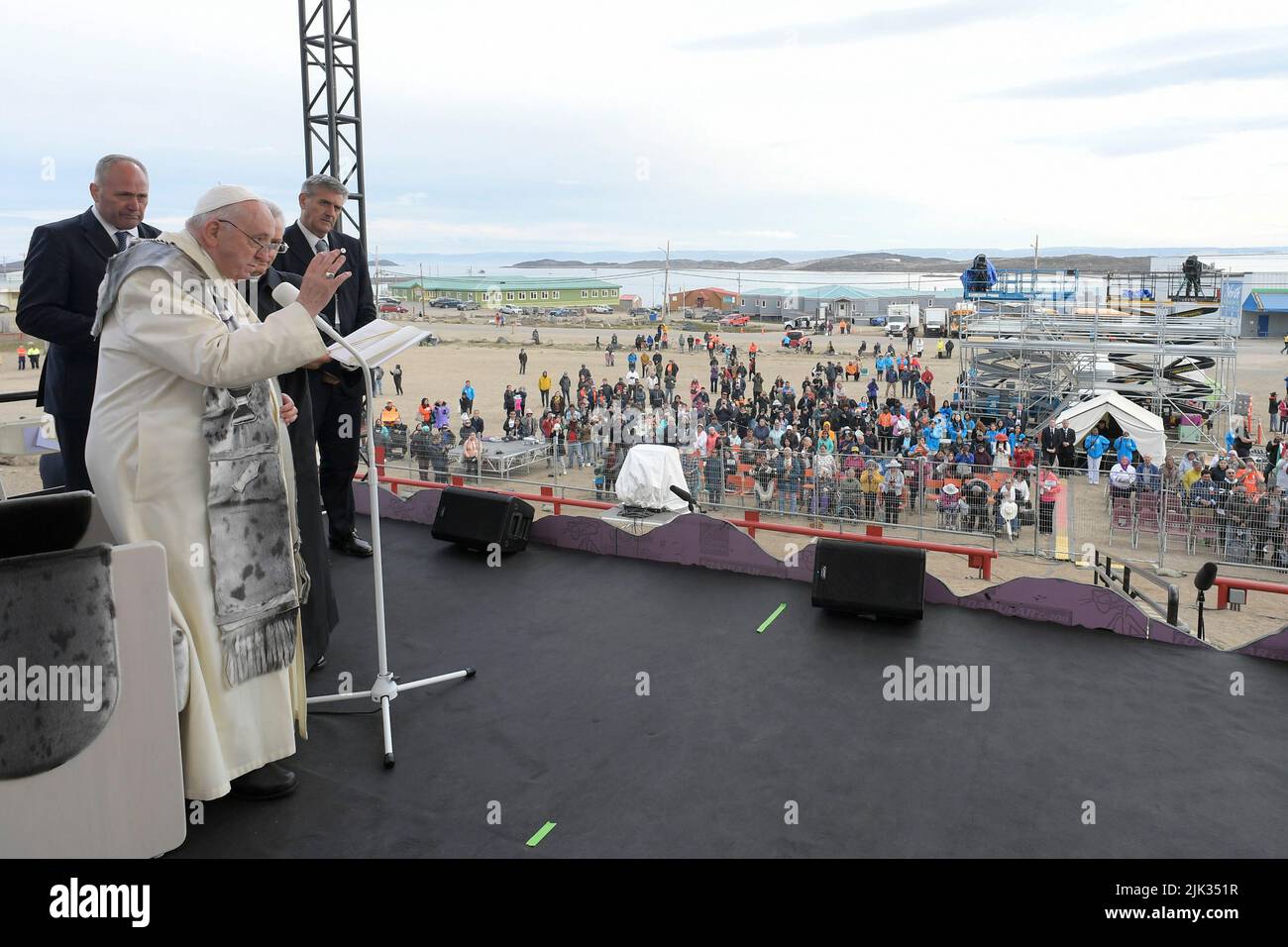 Iqaluit,  Canada,  29 July, 2022. Pope Francis meets young people and elders at Nakasuk Elementary School Square (photo by Vatican Media). Credit: Vatican Media/Picciarella/Alamy Live News Stock Photo