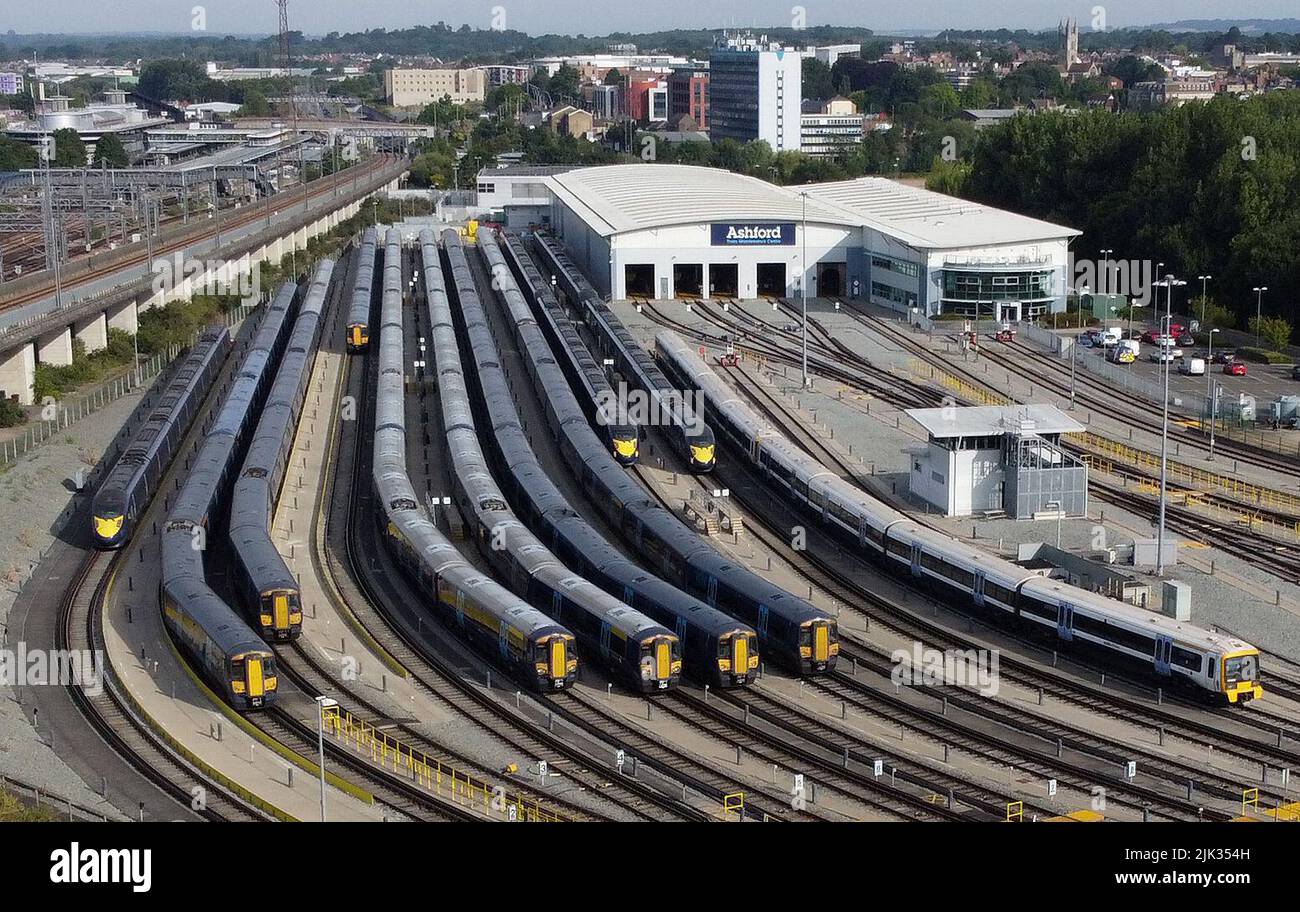 Southeastern trains in sidings near Ashford railway station in Kent as members of the drivers union Aslef at seven train operators walk out for 24 hours over pay. Picture date: Saturday July 30, 2022. Stock Photo