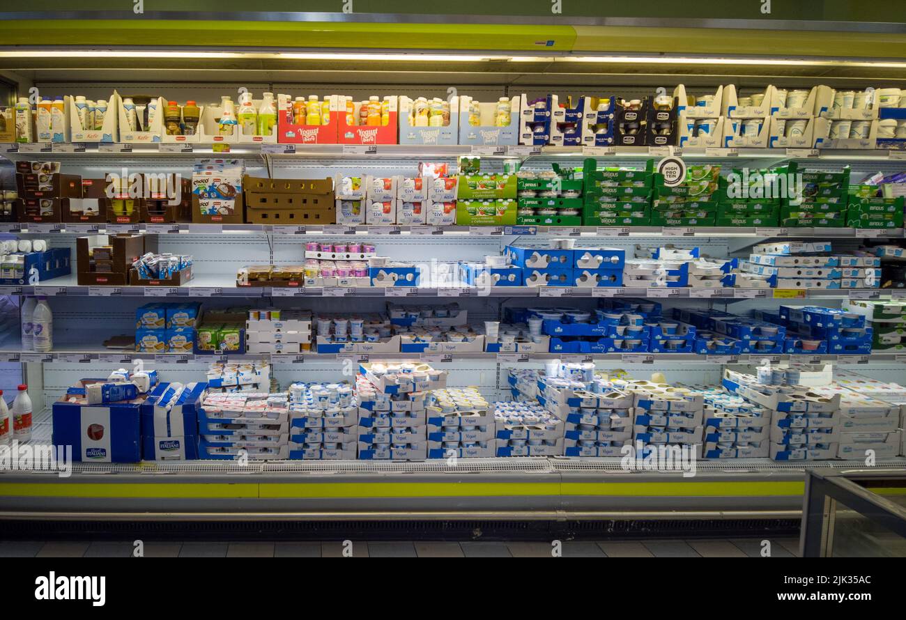 Fossano, Italy - July 29, 2022: Refrigerator shelf with Yogurt packages in Italian supermarket Eurospin. Stock Photo